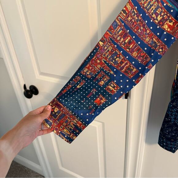 Staud Blue Red Artsy Patchwork Long Sleeve Button Front Top Blouse Medium - Picture 16 of 16